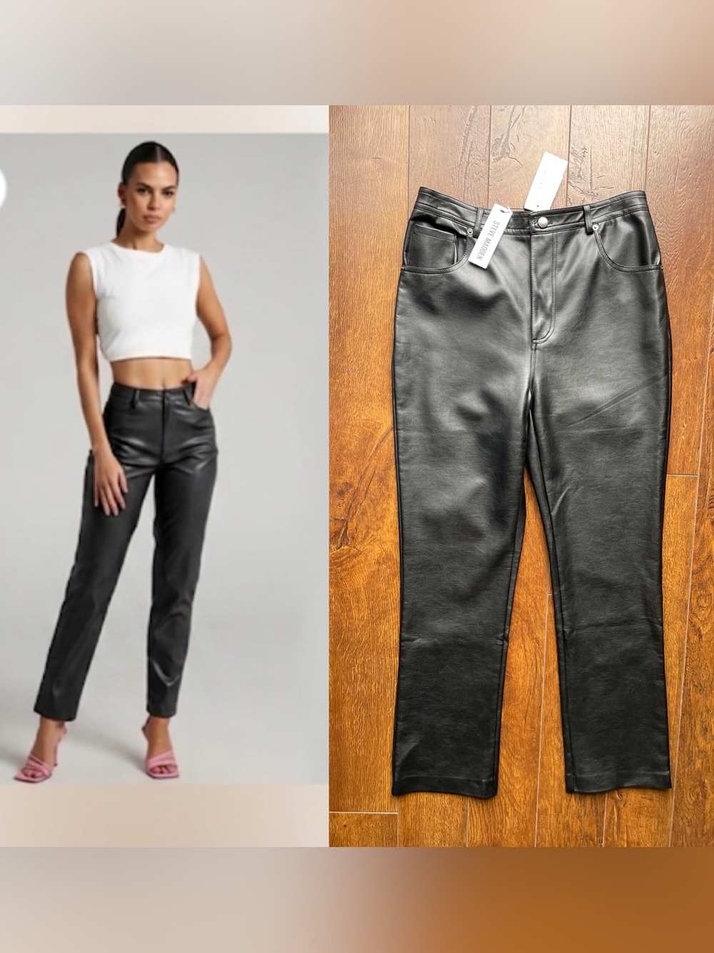 NWT Steve Madden Soft Vegan Leather Straight Leg Pants. 30 Waist. Black.